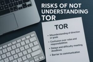 A dark blue wooden desk with a laptop, keyboard, pen, and notebook. The notebook has "Risks of Not Understanding TOR" written on it. ダークブルーの木製デスクの上に、ノートパソコン、キーボード、ペン、ノートが配置されている。ノートには「Risks of Not Understanding TOR」と書かれている。