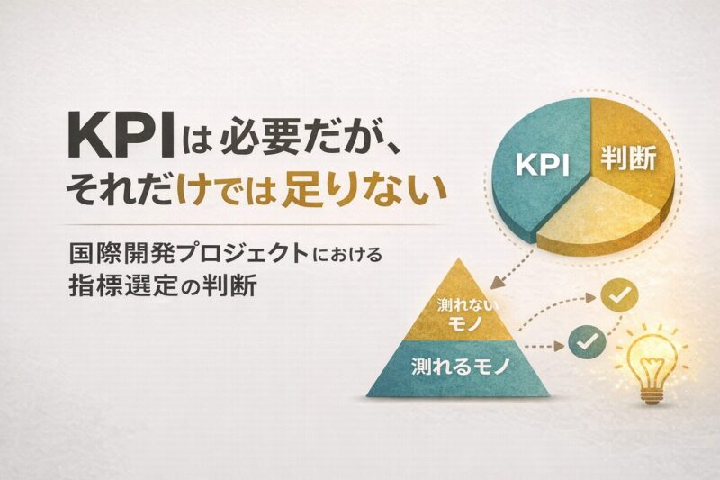 KPIと判断のバランスを示す図。数値指標と専門家の判断が補完関係にあることを表現した国際開発プロジェクトの概念イメージ。