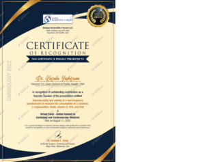 Certificate of Recognition awarded to Dr. Kazuko Yoshizawa for her keynote presentation at the 2022 Global Summit on Cardiology and Cardiovascular Medicine.2022年の心臓病学および心血管医学に関するグローバルサミットでの基調講演に対して、吉澤和子博士に授与された認定証。