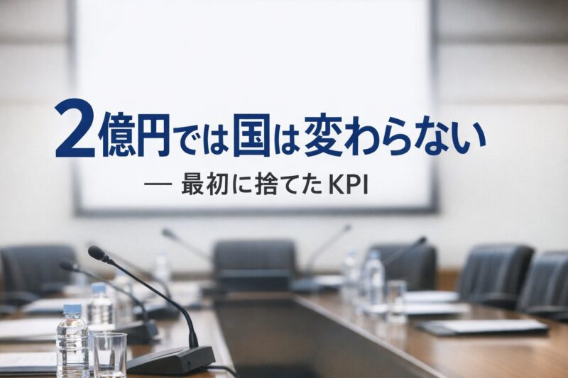 会議室の風景とともに「2億円では国は変わらない ― 最初に捨てたKPI」と書かれたサムネイル画像