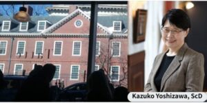 Kazuko Yoshizawa, Sc.D., nutrition epidemiologist and global health specialist, photographed with the Harvard University campus in the background.