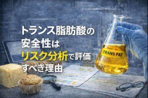 工業的に製造されたトランス脂肪酸を示すフラスコと食品、データ資料を用いて、リスク分析の必要性を示した画像